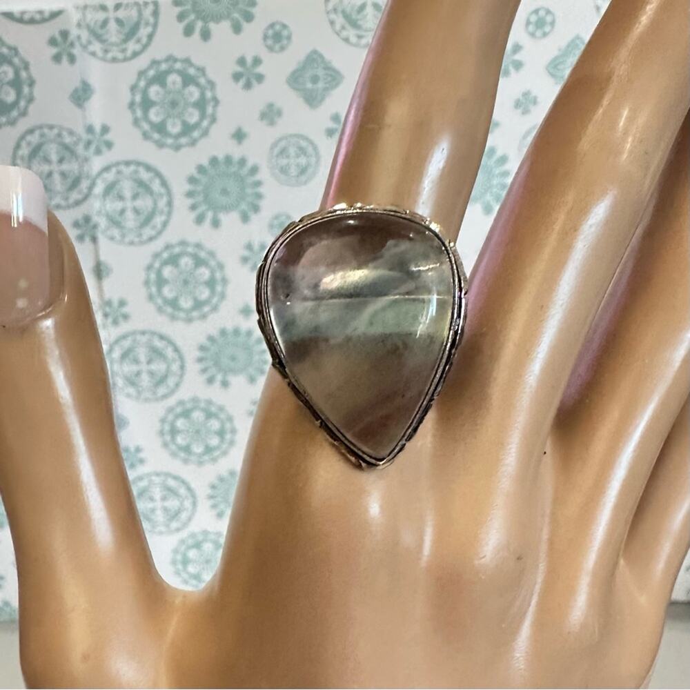Fluorides gemstone ring. Adjustable 925 silver overlay hand‎ crafted